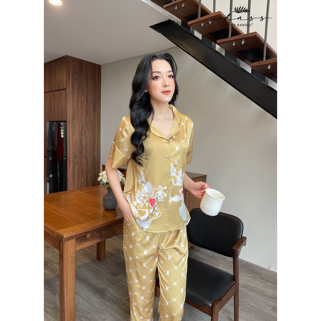 Đồ bộ nữ mặc nhà Jcvcoll - Karoll A22.027 lụa Ass in hình thỏ quần dài