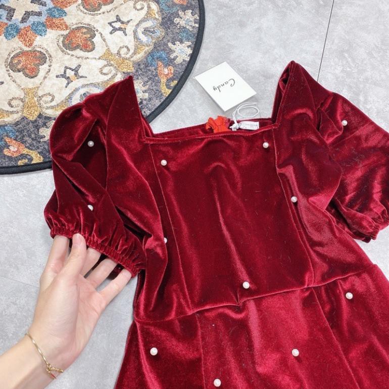 [Rẻ Vô Địch] Váy nhung đỏ cổ vuông đính ngọc  Vải nhung tuyết quảng châu mềm mướt,tay bồng khoá lưng chuẩn mẫu Hạt ngọc
