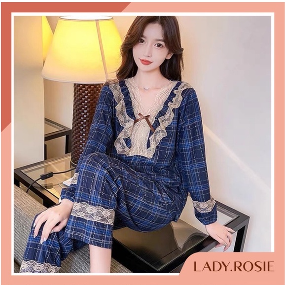Bộ ngủ pijama nữ dài tay chất chất liệu lụa sữa cao cấp màu kẻ xanh đậm - bộ ngủ thu đông (có bigsize) | BigBuy360 - bigbuy360.vn
