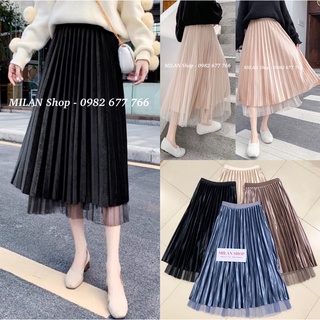 Chân váy nhung xếp li mặc được 2 mặt