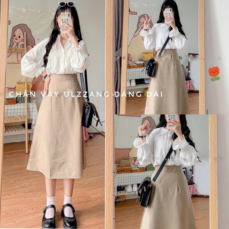 [Ảnh thật/Video] Chân váy trơn dáng dài cạp cao chán váy nữ phong cách ulzzang