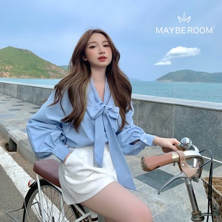Áo sơ mi xanh buộc nơ tay bồng Navyly Top Mayberoom