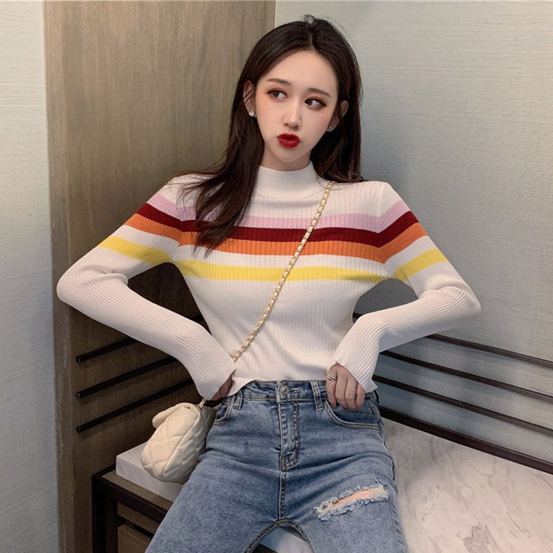 Áo Sweater dệt kim hoạ tiết kẻ sọc thiết kế cổ lọ thanh lịch