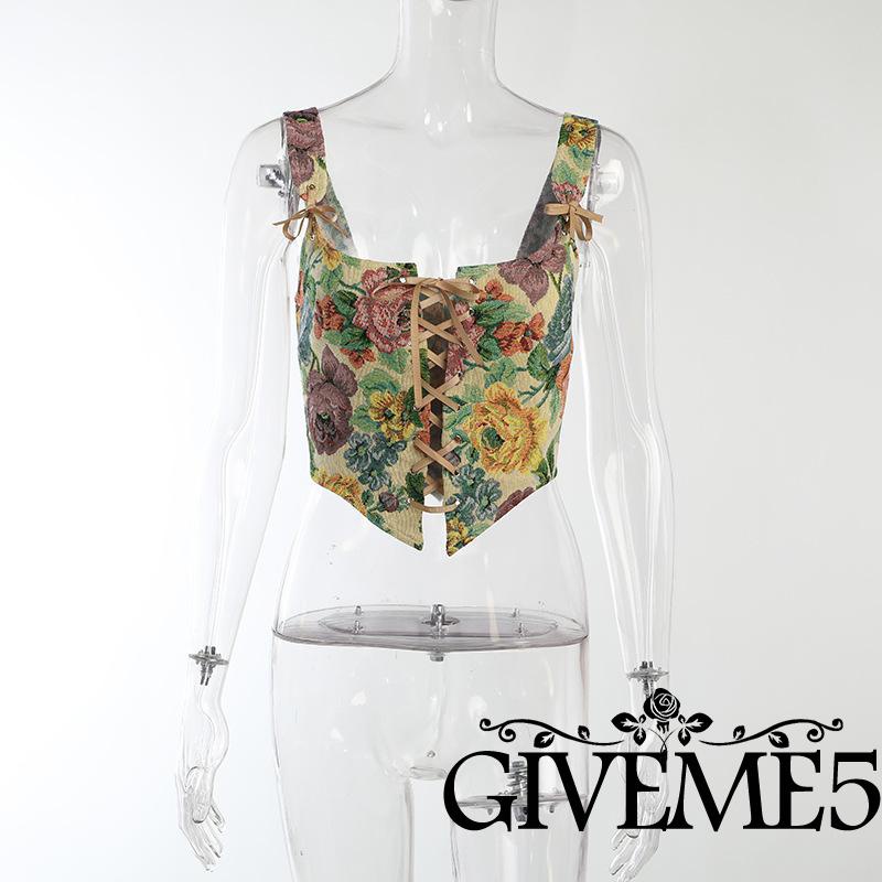 GIVEME-Women Corset Sleeveless Tank Tops Floral Embroidered Strappy  Bustier Waist Cincher Crop Tops