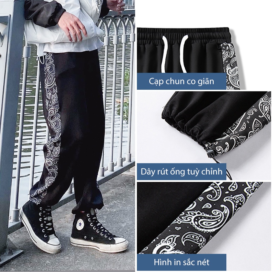 Quần Jogger nam nữ ống rộng, quần lưng thun thiết kế dây rút thể thao hoạ tiết bandana track pants Qthouse