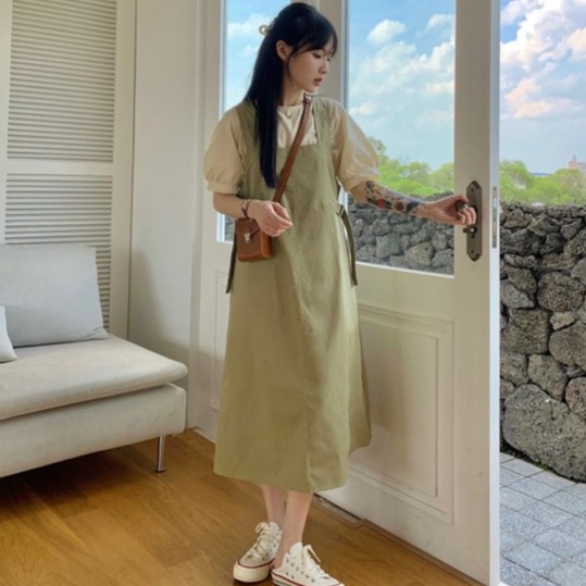 Set Áo Sơ Mi Dài Tay Và Đầm Yếm Phong Cách Hàn Quốc Thời Trang Cho Nữ