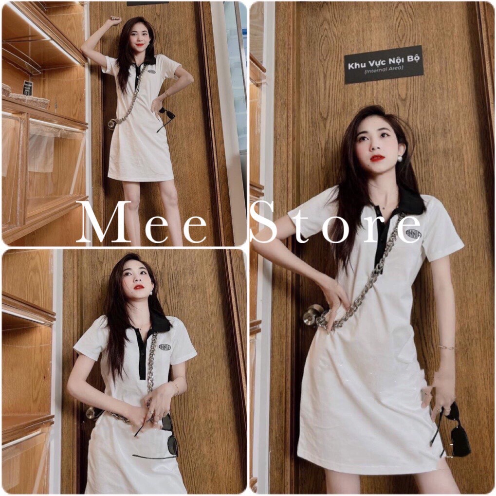 Đầm PoLo Nữ [FREESHIP] Váy Cổ Bẻ Dáng Suông, Thun Borip Tay Ngắn Phối Đen Trắng