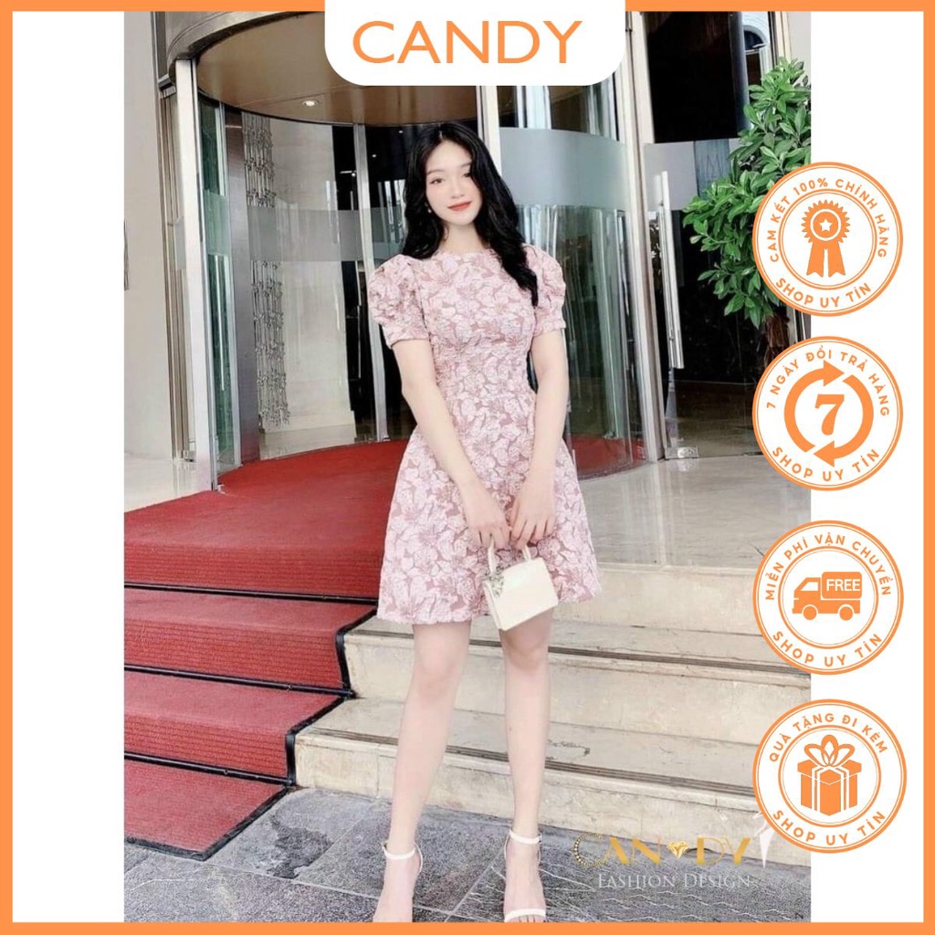 Váy Nữ Dáng Xòe Chất Liệu Gấm Tay Bồng Tặng Kèm Tag Hoa Cài V2173 - Candy Fashion