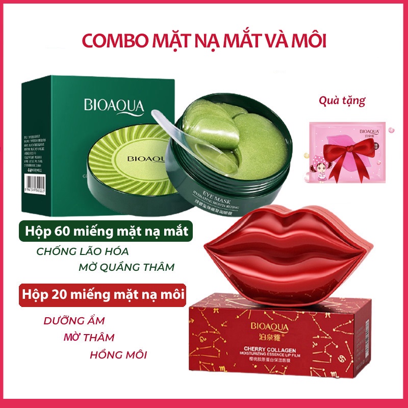 [COMBO MẮT + MÔI] Hộp 60 miếng mặt nạ mắt Bioaqua Collagen tảo biển + Hộp 20 miếng mặt nạ môi cherry collagen Bioaqua