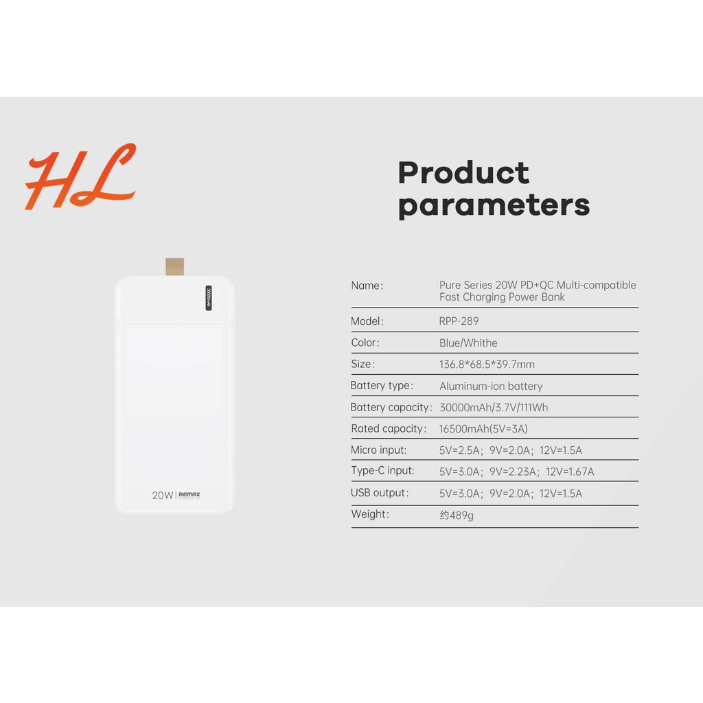 Pin Dự Phòng Sạc Nhanh Remax RPP-289 00000mAh - Sạc Nhanh QC 18W và PD20W - Hunglongpc