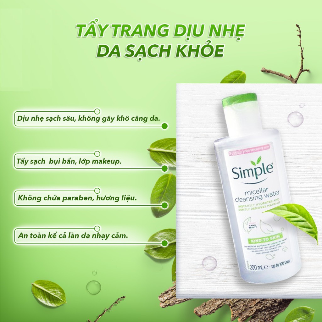 [Hàng chính hãng, có tem phụ] Nước tẩy trang dịu nhẹ Simple 200ml làm sạch nhẹ nhàng cho mọi làn da và cả da nhạy cảm