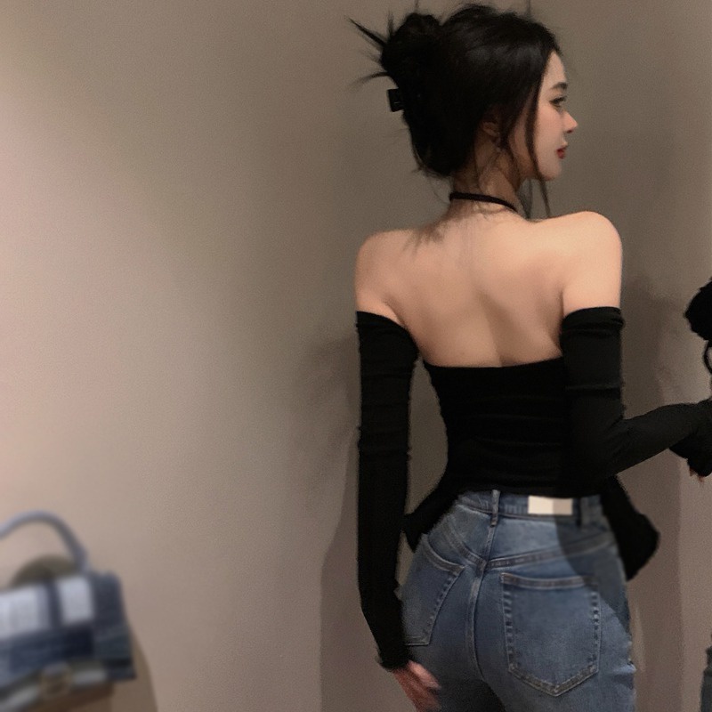 Áo Thun Croptop Dài Tay Cổ Yếm Phối Dây Rút Màu Sắc Thời Trang Hàn Quốc Quyến Rũ Cho Nữ