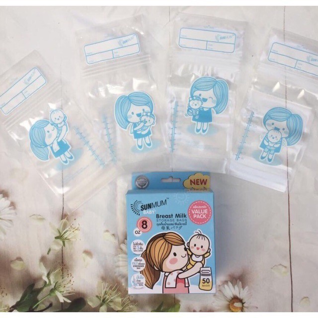(Tặng bút) (XANH / HỒNG) Hộp 50 TÚI TRỮ SỮA CAO CẤP KHÔNG MÙI 3 KHÓA ZIP 250ml SUNMUM (Made in Thailand)