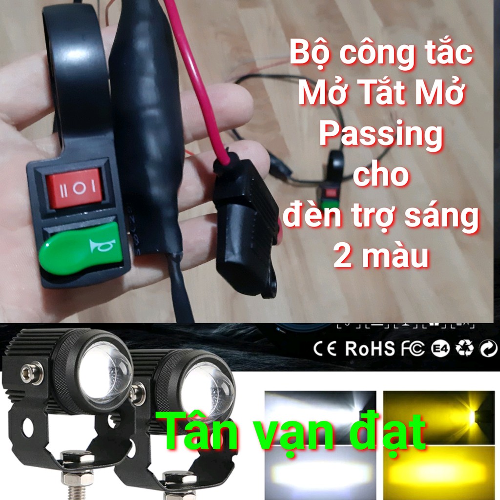 Bộ công tắc Mở Tắt Mở màu XanhĐỏ kèm Mạch Passing tiếp xúc bằng Bạc đấu sẵn cho đèn trợ sáng Bi mini 2 màu Vàng Trắng