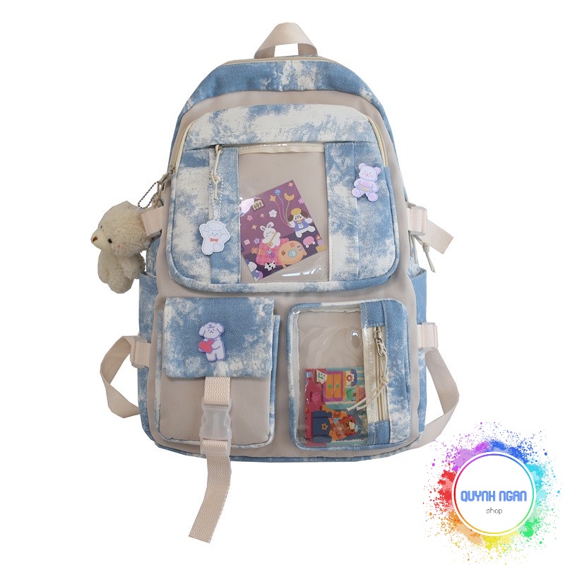 Balo MLNA chất vải canvas phối màu độc đáo tặng kèm phụ kiện sticker và móc gấu