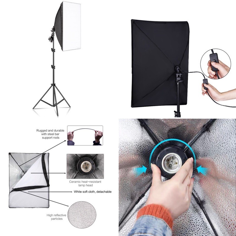 Bộ Đèn Chụp Ảnh Sản Phẩm Chân Đèn 2m Kèm Softbox 50x70, quay phim, Livestream chuyên nghiệp