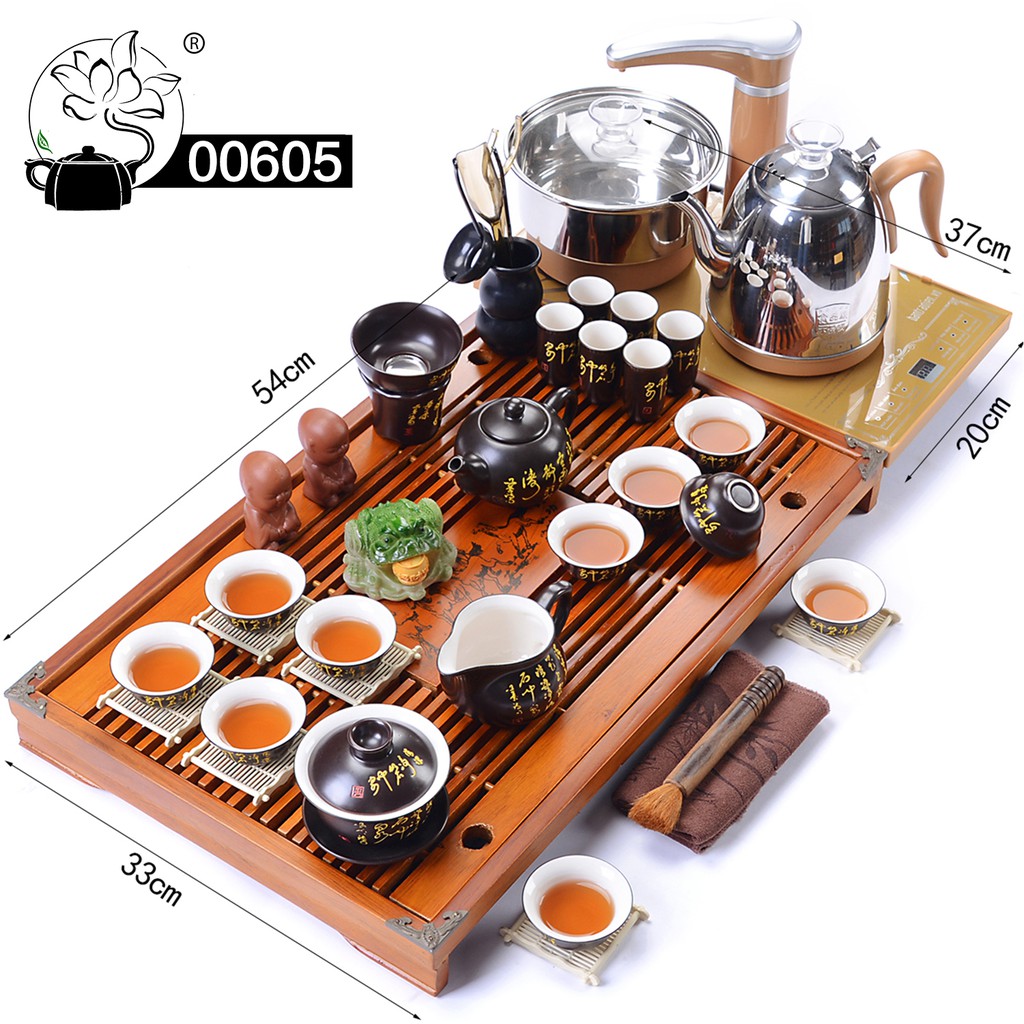 Bàn trà điện thông minh- khay gỗ, ấm chén gốm sứ ,ấm chén tử sa 00601-18001
