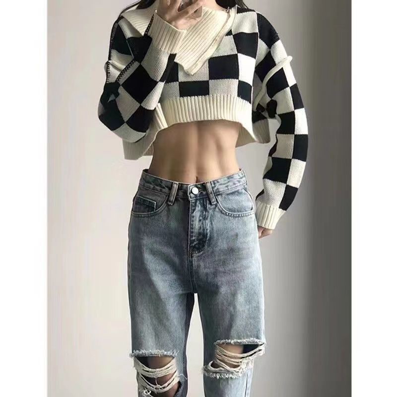 ✽✇Quần Jeans Dài Lưng Cao Ống Rộng Rách Gối Phong Cách Đường Phố Mỹ Thời Trang Mùa Hè Cho Nữ