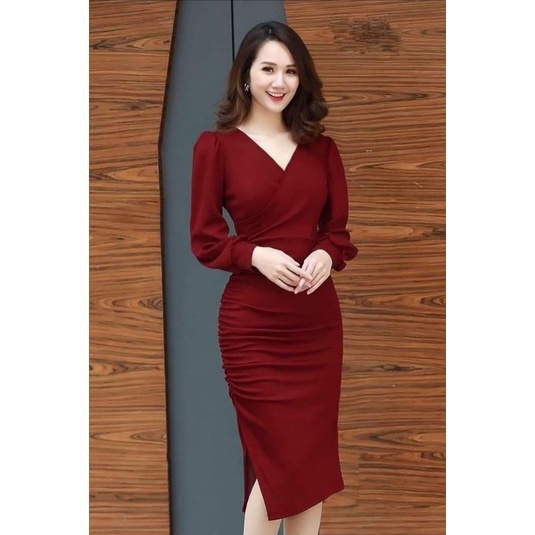 Đầm chéo nhún sườn tay phòng