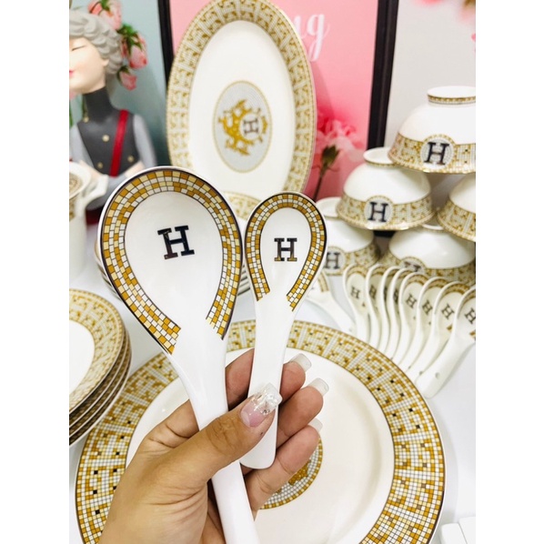 BỘ BÁT ĐĨA SỨ XƯƠNG CHỮ H🍀ẤM CHÉN SỨ XƯƠNG🍀PHỤ KIỆN CÙNG BỘ