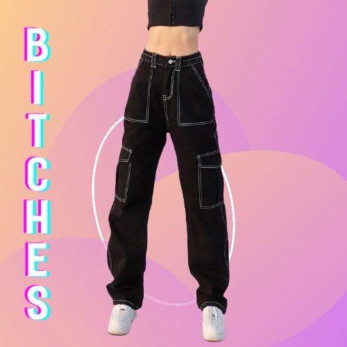 Quần baggy suông túi hộp đen viền chỉ trắng phong cách các tính, năng động đủ size - Bitches