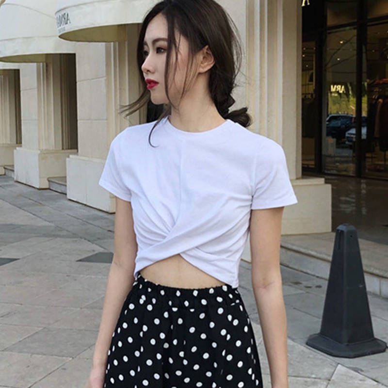 Áo croptop tay ngắn cổ tròn thiết kế màu trơn thanh lịch Sexy