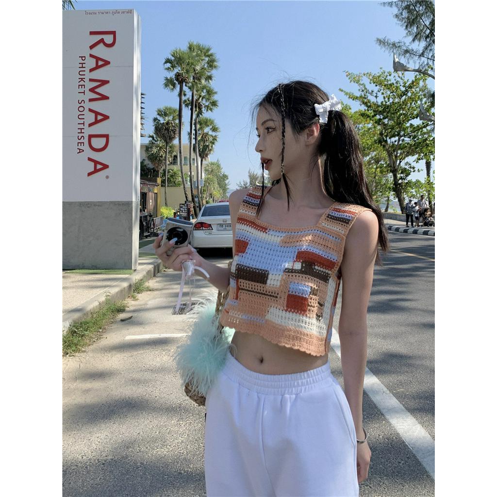 Áo Dệt Kim Sát Nách Dáng Ngắn Màu Sắc Tương Phản Thời Trang Mùa Hè 62159