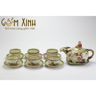Bộ ấm chén Bát Tràng_Bộ trà bé cưỡi trâu vẽ hoa đào (giao màu ngẫu nhiên)