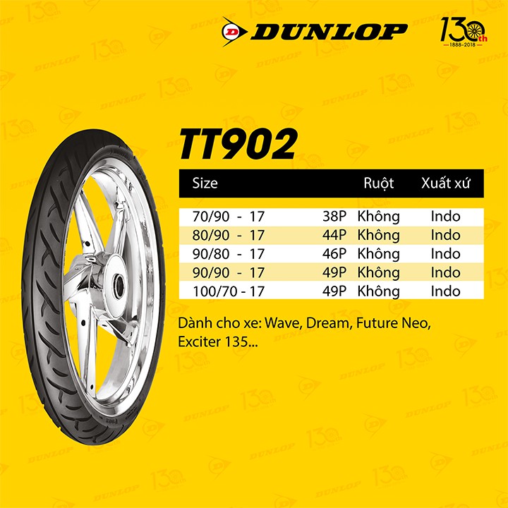 Lốp Dunlop 70.90-17 TT902 TL 38P Vỏ xe máy Dunlop size 70.90-17 TT902 TL 38P