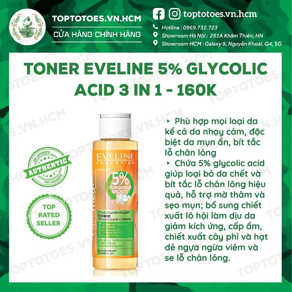 Toner Eveline 5% Glycolic acid làm da căng bóng, sáng mịn, mờ thâm sạm