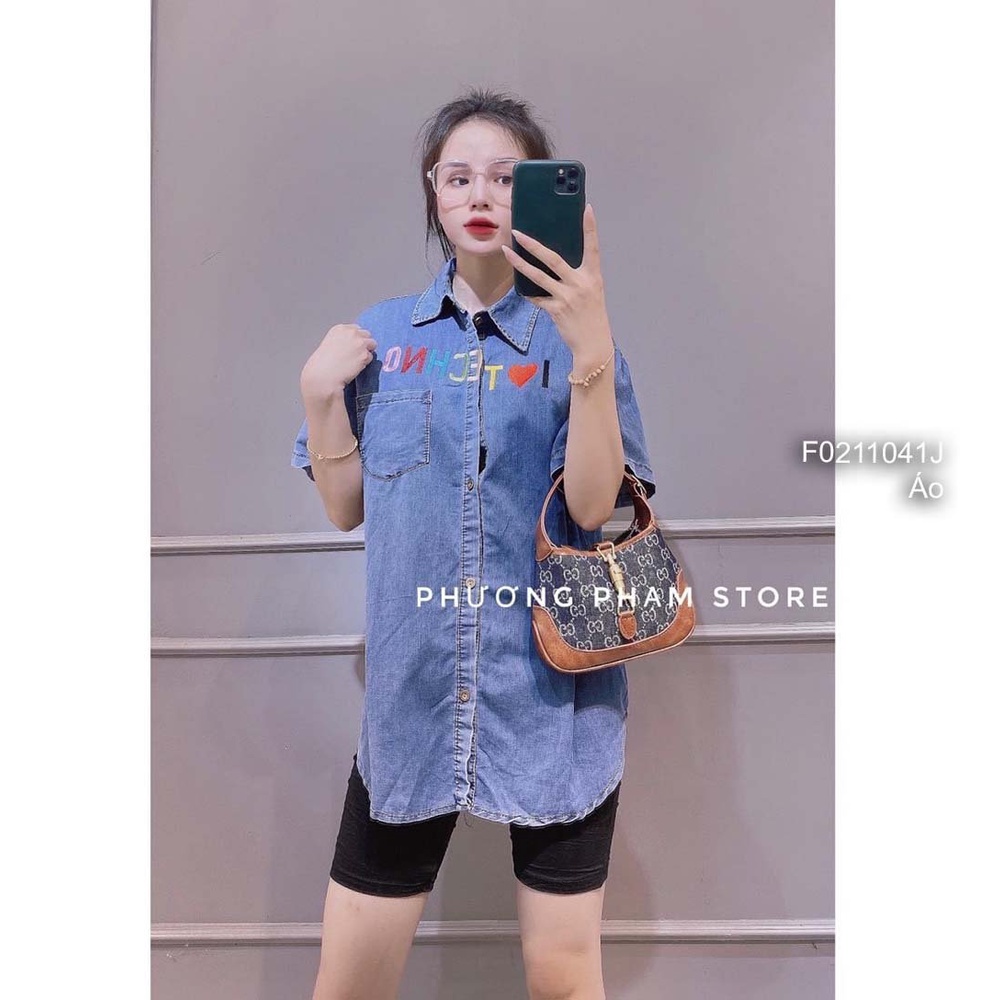Áo sơ mi jean form rộng một túi thêu chữ ngực tay ngắn!