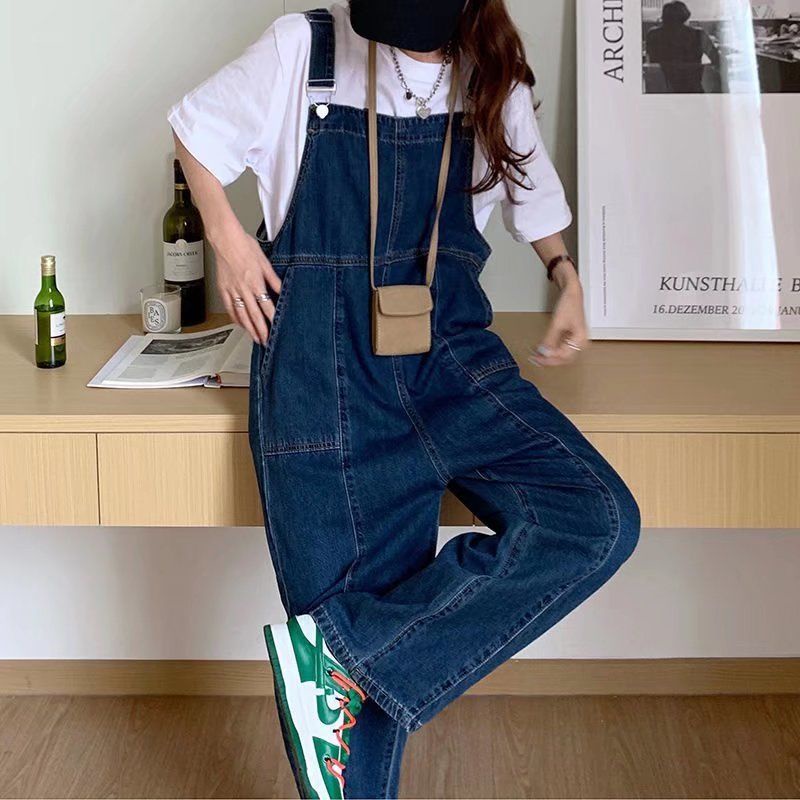 Quần Yếm Denim Màu Xanh Đậm Dáng Rộng Thời Trang Cho Nữ