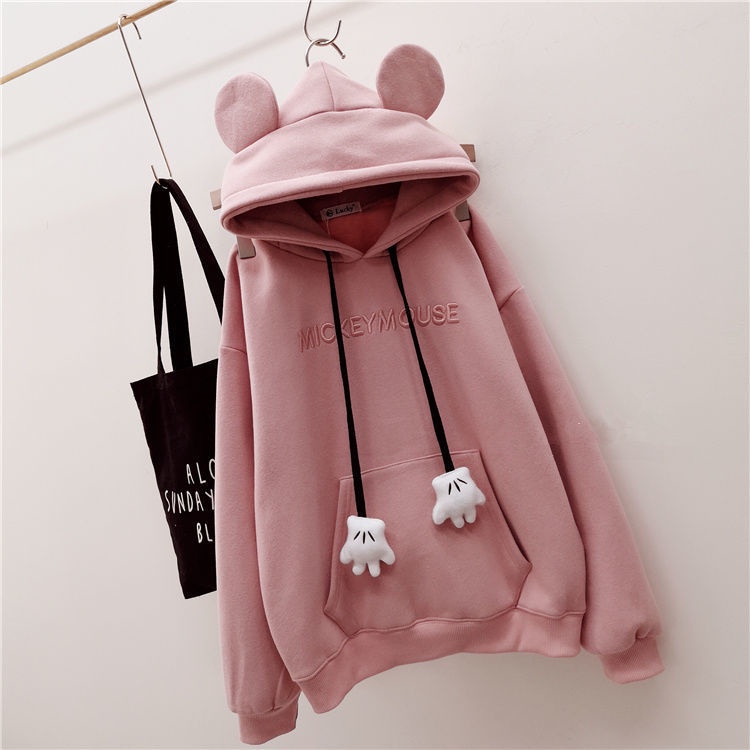 Áo Hoodie Nỉ Dày Dáng Rộng In Hình Tai Gấu Dễ Thương Thời Trang Năm 2021