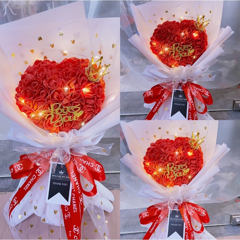 Hoa sinh nhật-quà 20/10: bó hoa hồng tim kết hợp vương miệng tặng kèm đèn nháy và thiệp