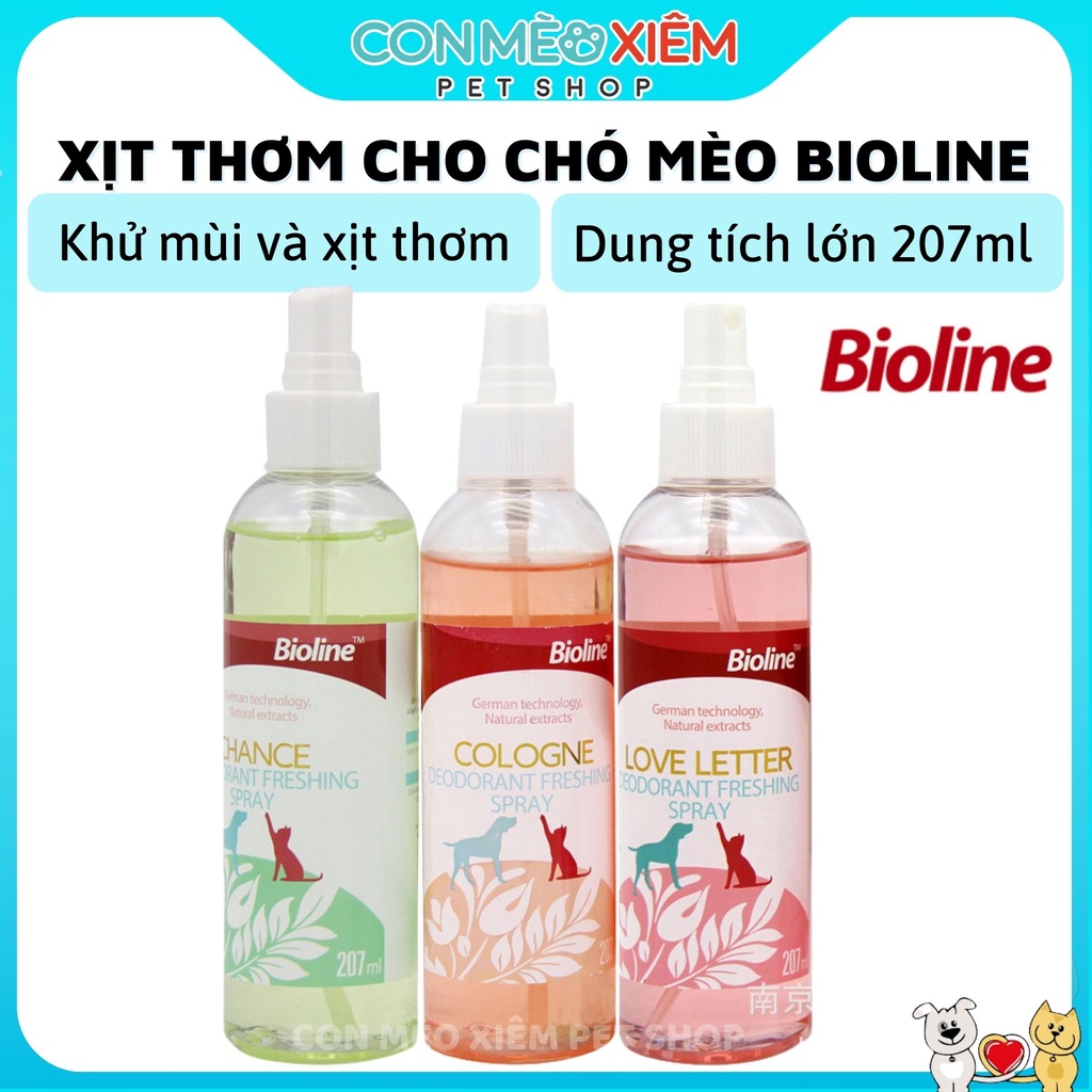 Xịt thơm cho chó mèo Bioline 207ml, nước hoa khử mùi làm đẹp thú cưng Con Mèo Xiêm