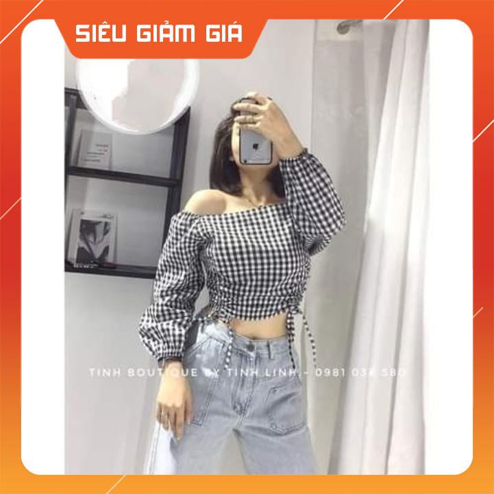 ÁO BỆT VAI CARO DÂY RÚT MẶC NHIỀU KIỂU - ÁO TRỄ VAI KẺ DÀI TAY HOT - Hàn nhâp khẩu