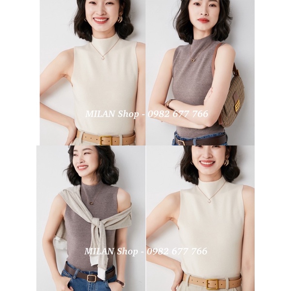 Áo len sát nách cổ tròn, 3phân dệt kim nhiều màu