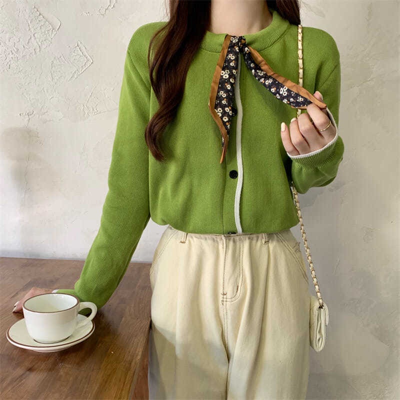 Áo Khoác Cardigan Dệt Kim Phối Khăn Quàng Cổ Lụa Dệt Kim Thời Trang Thu Đông Hàn Quốc Thiết Kế Mới Năm 2021