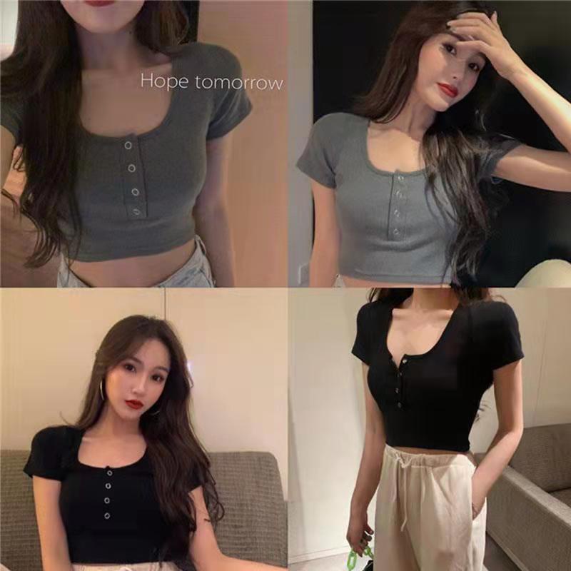 Áo kiểu croptop cổ vuông tay ngắn phối nút cài phong cách Hàn Quốc thời trang dành cho nữ