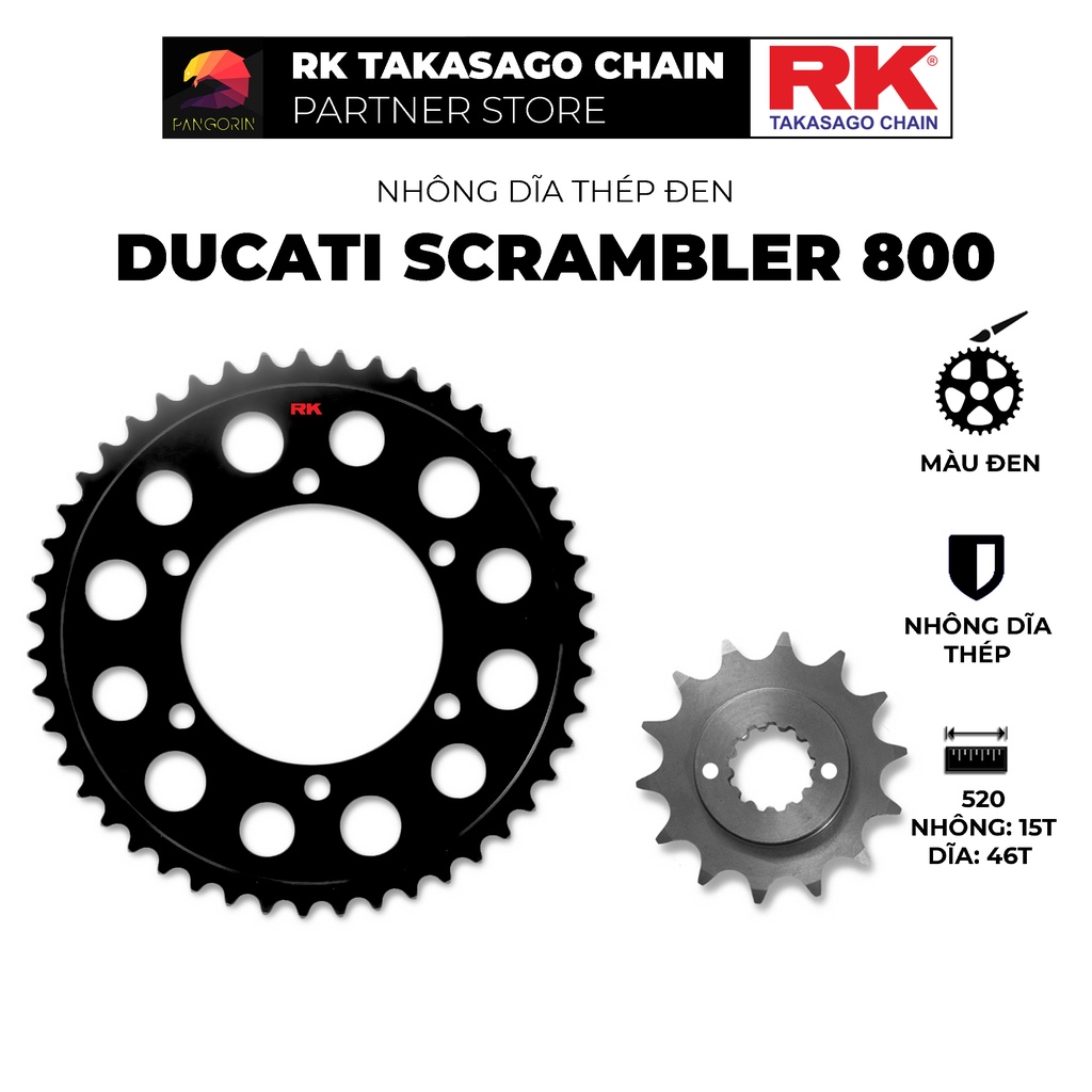 Nhông Dĩa RK Takasago cho xe phân khối lớn Ducati Scrambler 800, chất liệu: Thép mạ màu đen, độ dày Nhông Dĩa: 520