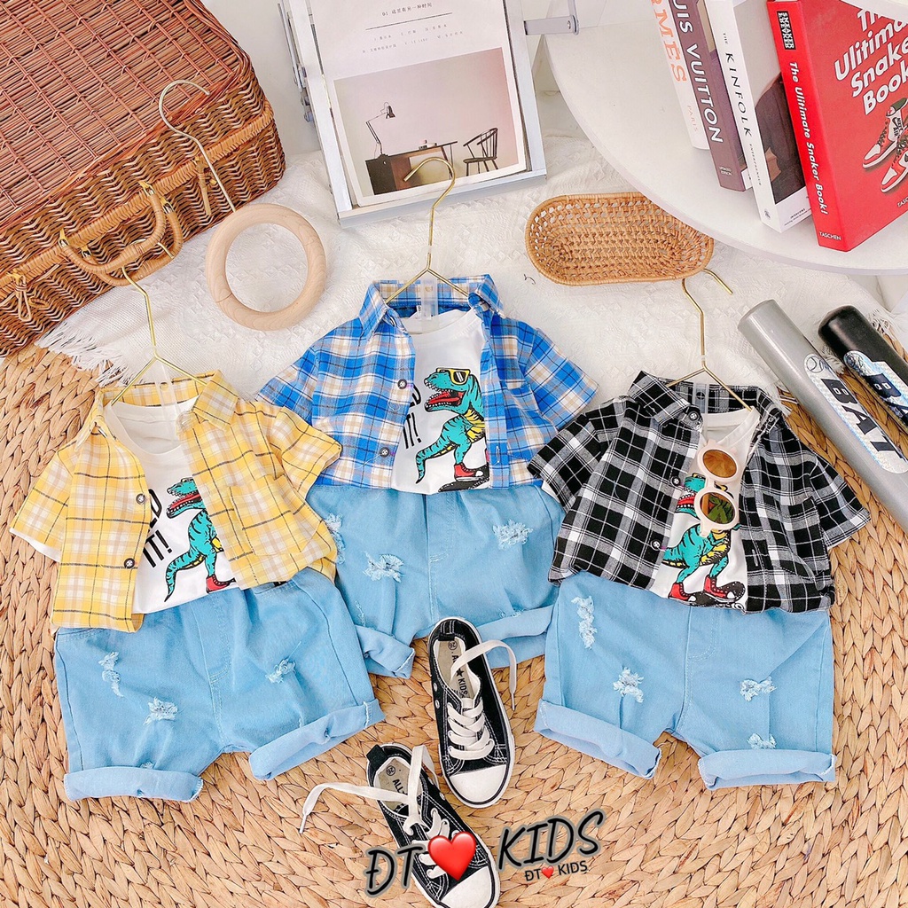 BOT24 - Bộ bé trai, bộ 3 chi tiết, Quần đùi Jean + áo thun cotton + áo sơ mi cộc tay bé trai từ 8-21kg