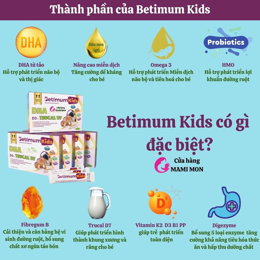 Siro ăn ngon ngủ ngon tăng sức đề kháng cho bé Betimum Kids Shop Mami Mon bổ sung vitamin men vi sinh tiêu hoá cho trẻ