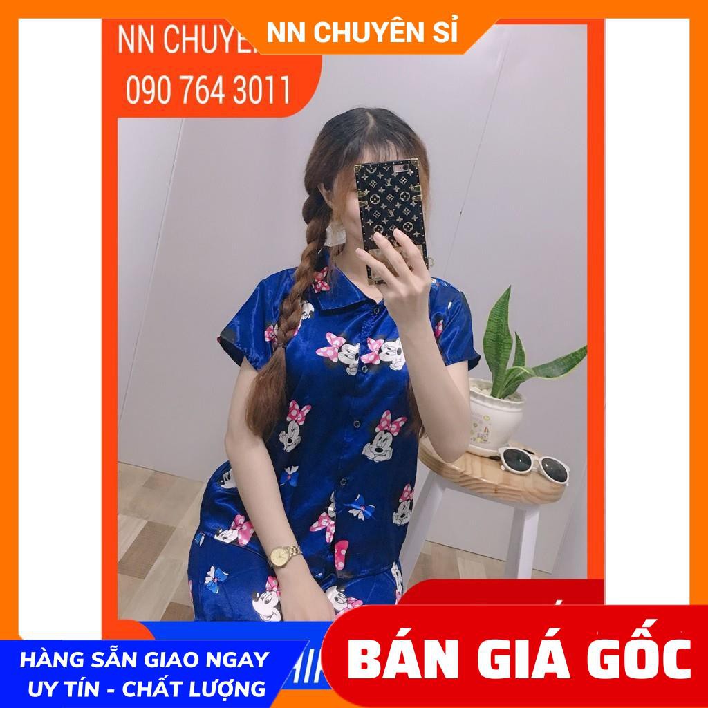 Đồ bộ nữ mặc nhà cổ pijama chất phi bóng mềm mịn mát in hình heo in hình hello kitty in hoạt hình dễ thương