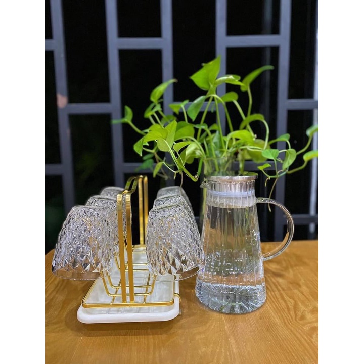 Bộ bình đựng nước uống thủy tinh chịu nhiệt cao cấp kèm giá úp có khay hứng nước