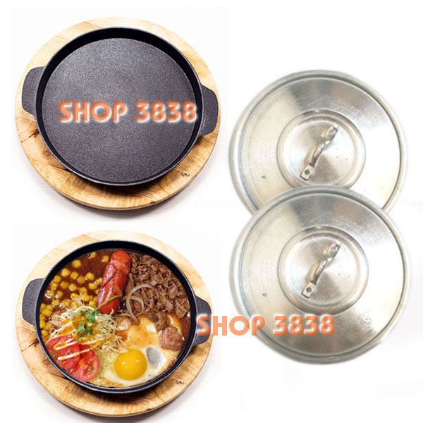 Chảo Gang Chống Dính - Nắp - Đế Gỗ ( Lựa Size 20 - 22 - 24 ) Làm Bò Né Bánh Xèo Steak