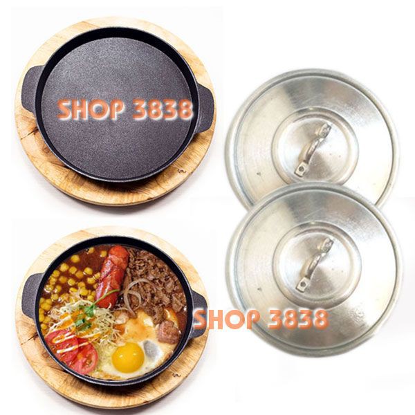 Chảo Gang Chống Dính - Nắp - Đế Gỗ ( Lựa Size 20-22-24 ) Làm Bò Né Bánh Xèo Steak