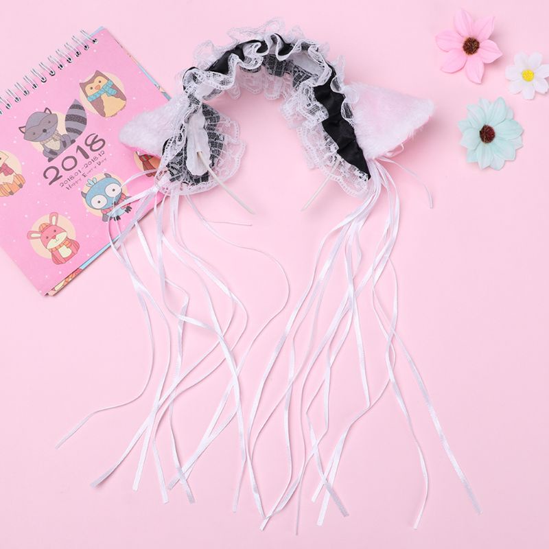 Cài tóc hình tai mèo gắn chuông và dây ruy băng tua rua dễ thương phong cách lolita cho nữ