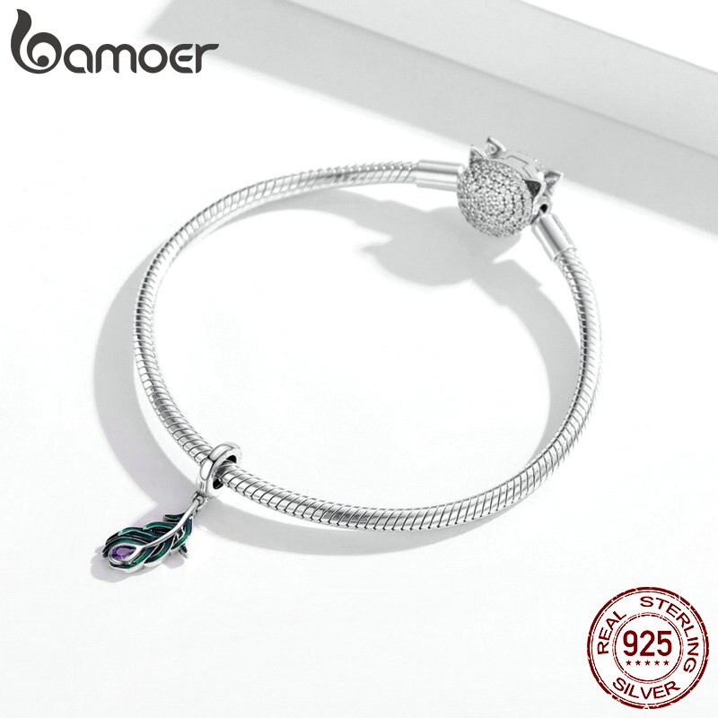 Hạt xỏ Bamoer SCC1704 chất liệu bạc 925 hình lông công tinh tế dùng làm vòng tay DIY cho nữ