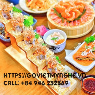 Khay gỗ bậc thang trang trí - Khay gỗ trang trí sushi bậc thang 6 tầng S - Gỗ thông tự nhiên