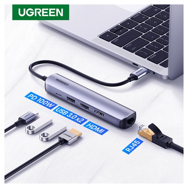 Hub  USB C 5 in 1 Chính hãng Ugreen 10919 CM418 (Type to HDMI 4k+USB 3.0*2+RJ45+PD100W) Cáo Cấp